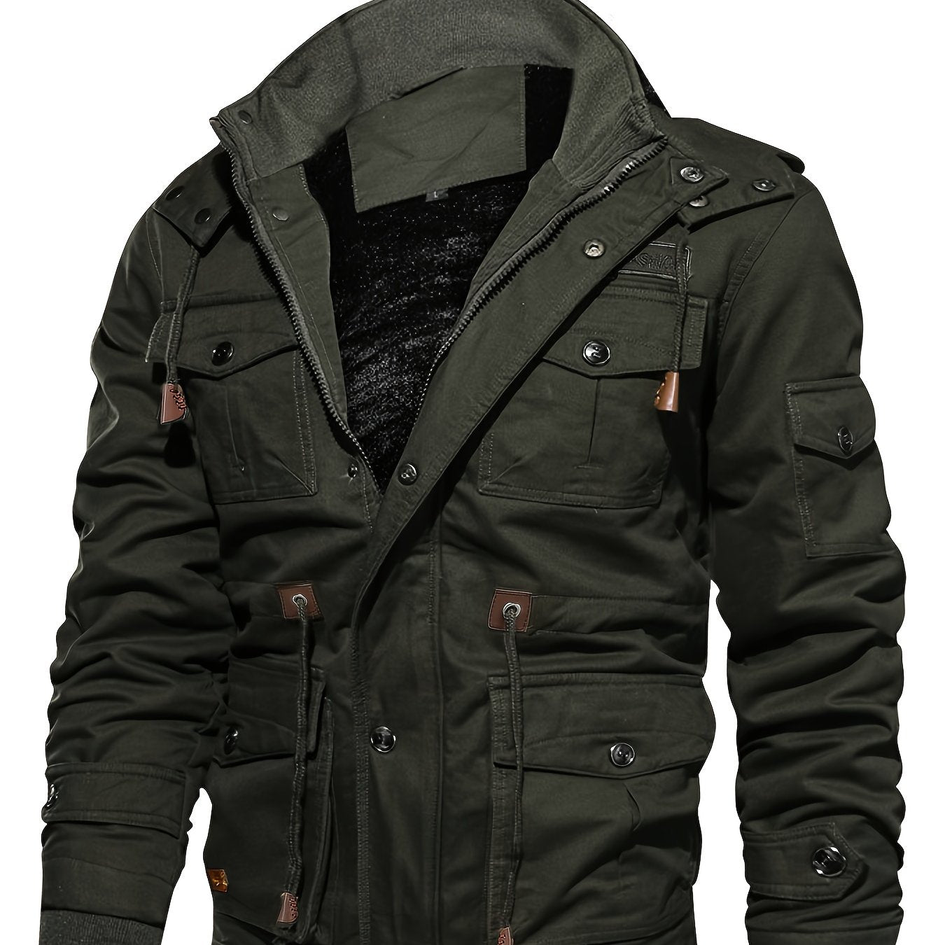 Տղամարդու ծանր ձմեռային բաճկոն՝ ջերմամեկուսացված ցուրտ եղանակի համար՝ ամբողջական կայծակաճարմանդով, գլխարկով, քամուց պաշտպանող վերնազգեստ, բազմաթիվ գրպաններ՝ ձիթապտղի կանաչ։ Տակտիկական դիզայն՝ բացօթյա, ճանապարհորդության, ամենօրյա օգտագործման համար։ Չձգվող։