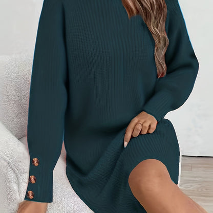 Women's Dark Green (Navy/Turquoise-Free) Sweater Dress - High Neck Collar & Single-Breasted Button Front, A-Line Silhouette Long Sleeve Coat Dress for Winter,, Office, Semi-Formal Wear (Hand Washable)
