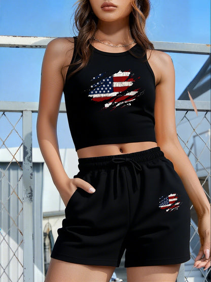 Women's Casual Two-Piece Set with English Print & Slanted Pockets