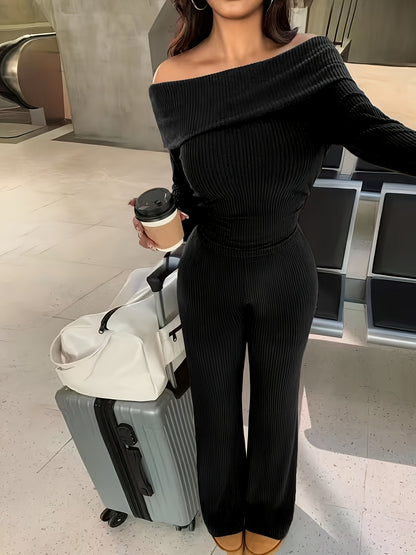 Autumn And Winter Solid Color Two-Piece Set, Sexy Off-The-Shoulder Top + Wide-Leg Flared Pants Suit, Elastic And Soft Ribbed Fabric, Machine Washable