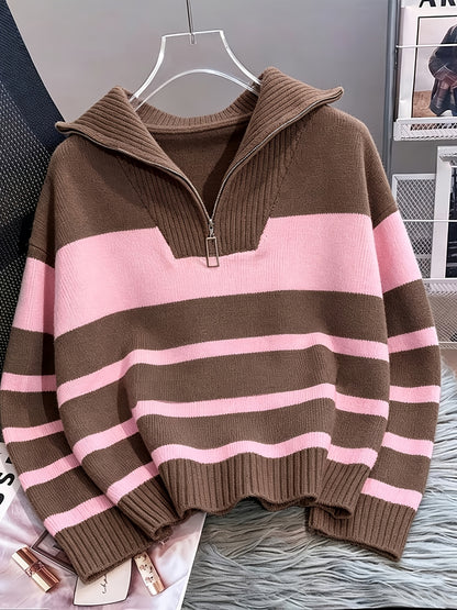 Women's Striped Zip-Up Sweater with Thickened Inner Layer