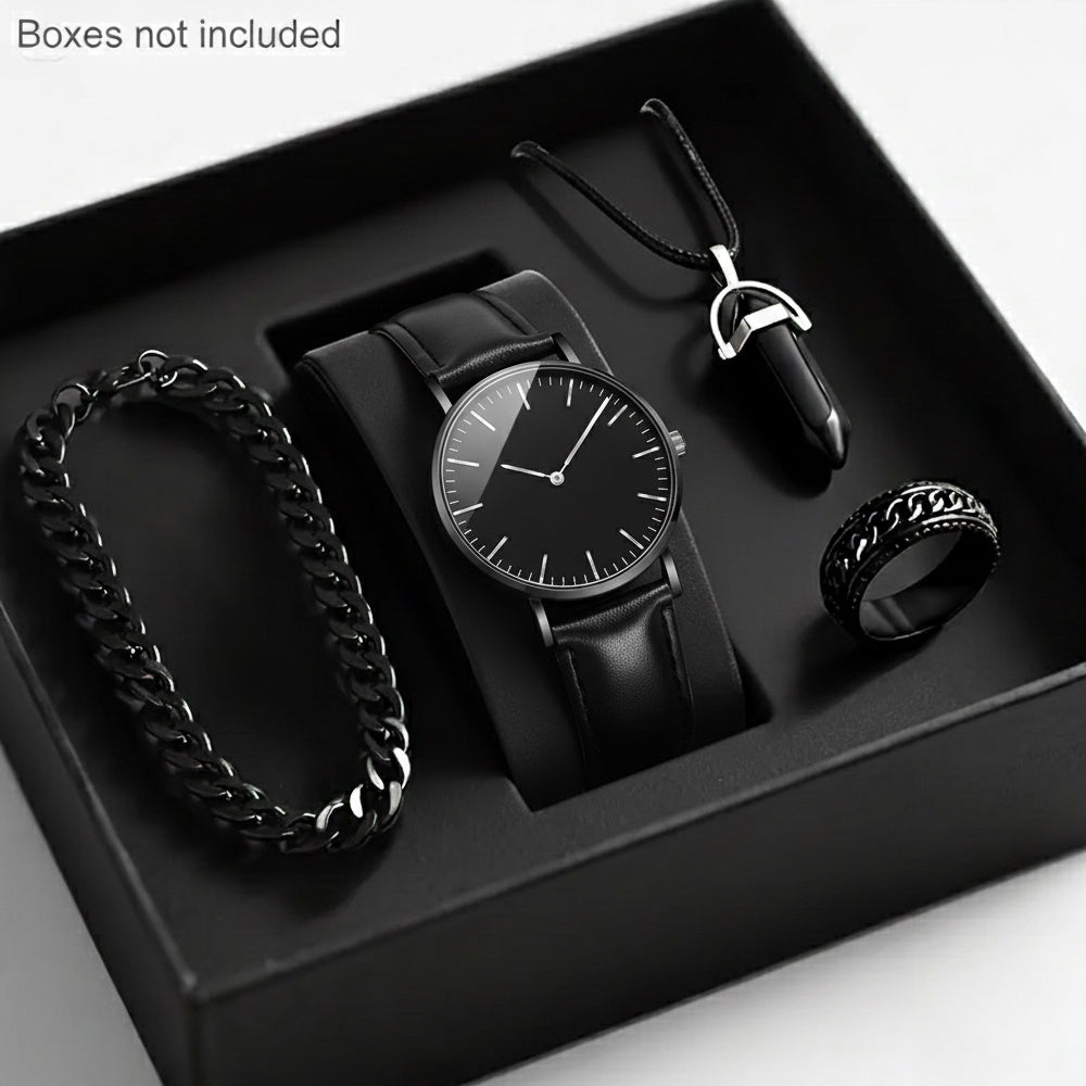 Men'S Luxury Quartz Wristwatch and Jewelry Set | Black Analog Watch with Dual Display, Includes Matching Bracelet, Necklace, and Ring - Ideal for Birthdays, Christmas, Ramadan