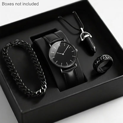 Men'S Luxury Quartz Wristwatch and Jewelry Set | Black Analog Watch with Dual Display, Includes Matching Bracelet, Necklace, and Ring - Ideal for Birthdays, Christmas, Ramadan