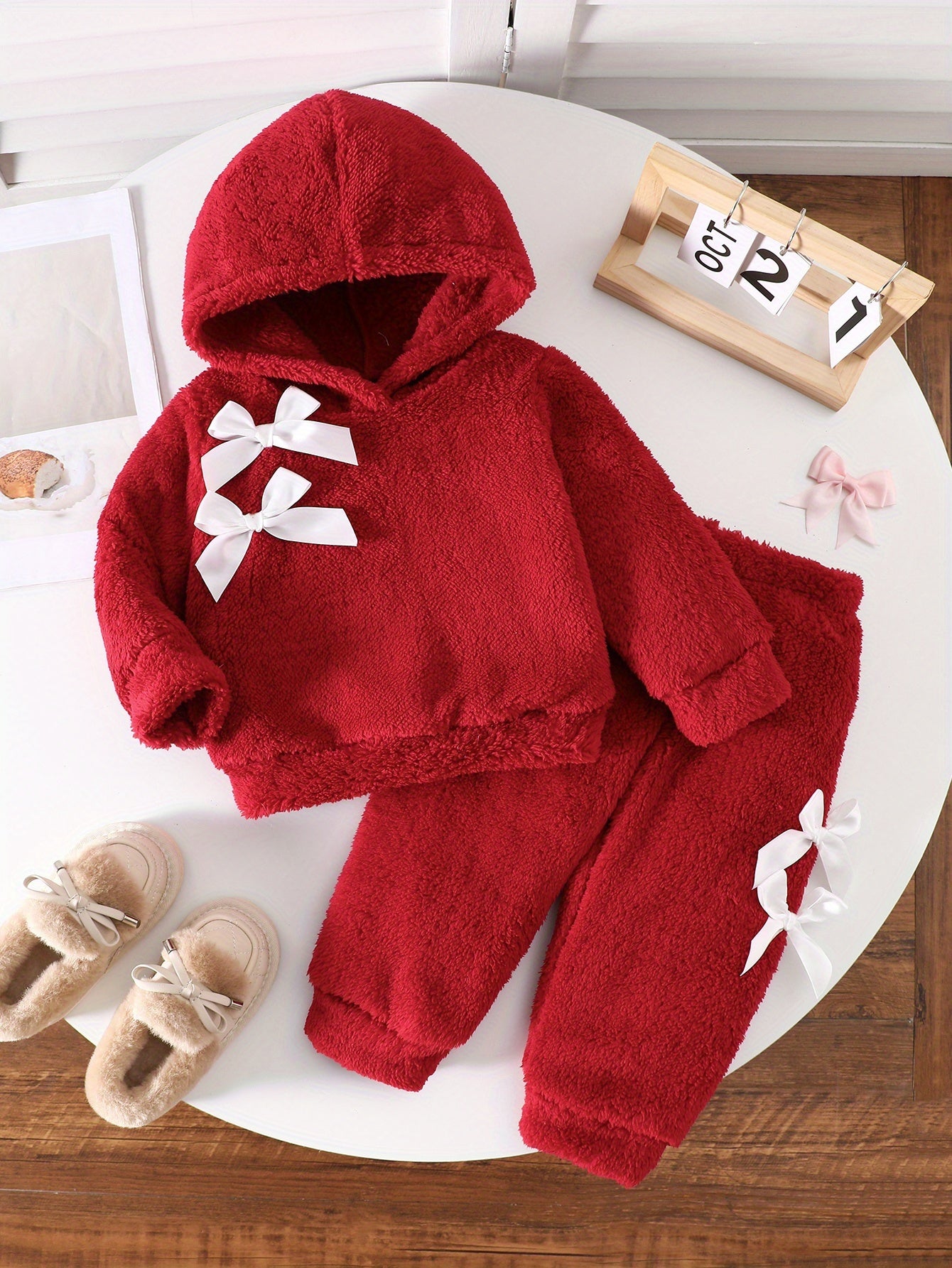 Two-Piece Cute Girls' Autumn/Winter Set: Long Sleeve Hooded Plush Butterfly Top with Pants, Perfect for Daily Outdoor Wear. Cozy Faux Fur Fabric - Essential Indoor & Winter Accessory and Holiday Gift Idea, Perfect for Outdoor