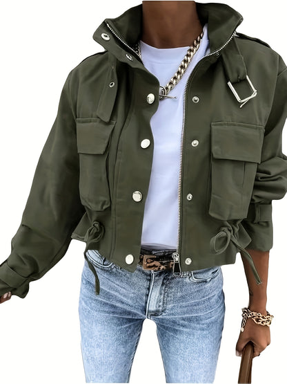 Spring and Autumn Women's Multi-Pocket Work Jacket, Stand Collar Design with Drawstring Waist - Versatile Fashion Coat for Various Occasions