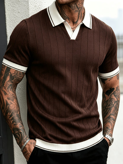 Men's Summer Striped Knit Polo Shirt with Contrast Collar