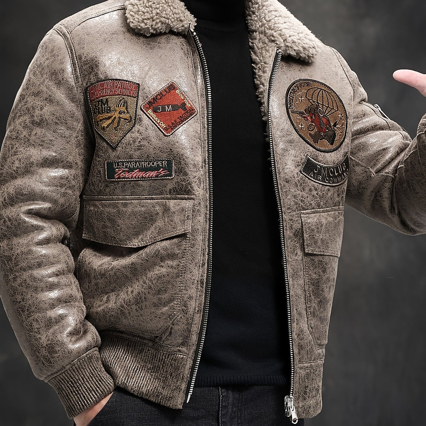 Men'S Faux Fur Lined Biker Jacket, Casual Long Sleeve Applique Air Force Style, Polyester 100% Knit Fabric, Solid Color Lapel Collar, Zipper Closure, Regular Fit for Daily & Golf Occasions - Fall/Winter Collection