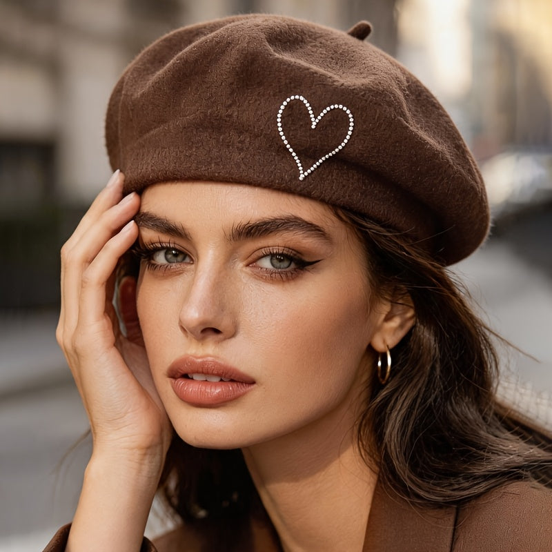 Women's Wool Beret Hat with Rhinestone Heart - Lightweight Warm