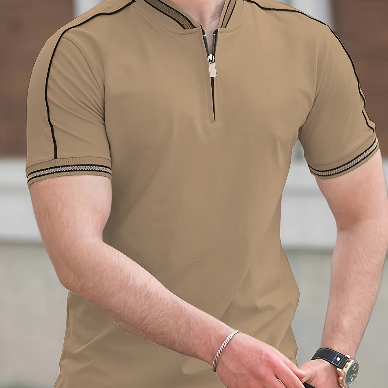[T-Shirt] Men's Summer Casual Short Sleeve T-Shirt - Breathable Mesh Crew Neck Henley Style Zip Placket, Breathable Fabric, Dry Cleanable Regular Fit Outdoor & Casual Attire, Loose Style, Zip Front Design, Easy Care, Zip Shir - ayq