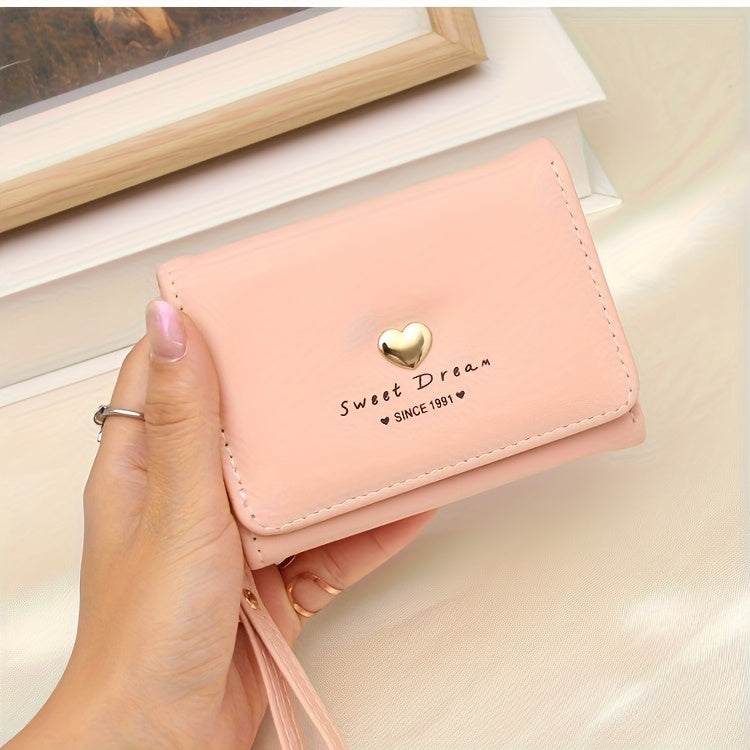 New Women'S Short Wallet, Cute Korean-Style Heart-Shaped, Large Capacity with Multiple Card Slots, Trendy Tri-Fold Design.
