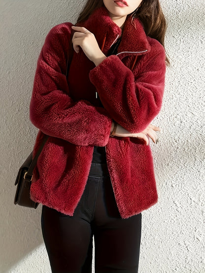 Մեծ չափս - կանացի նոր բրդյա բաճկոն, ձմեռային կարդիգան սվիտեր, հաստ և տաք երկկողմանի մարջանագույն բրդյա կտոր, ազատ և ոճային վերնազգեստ։