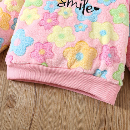 Աղջիկների աշնանային և ձմեռային նորաձև տաք հավաքածու «Ժպիտ» ասեղնագործությամբ, գունագեղ ծաղկային ապլիկացիայով բրդյա բաճկոնով և լայնածավալ տաբատով, իդեալական է բացօթյա օգտագործման համար