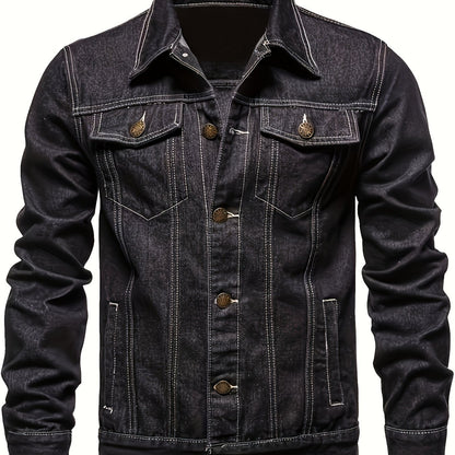 Men's Chic Washed Denim Jacket, Casual Street Style Button Up Contrast Stitching Jacket For Fall Winter