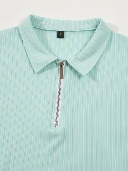 Men's Casual Sports Ribbed Long Sleeve Zipper Lapel Golf Shirt, Spring And Fall