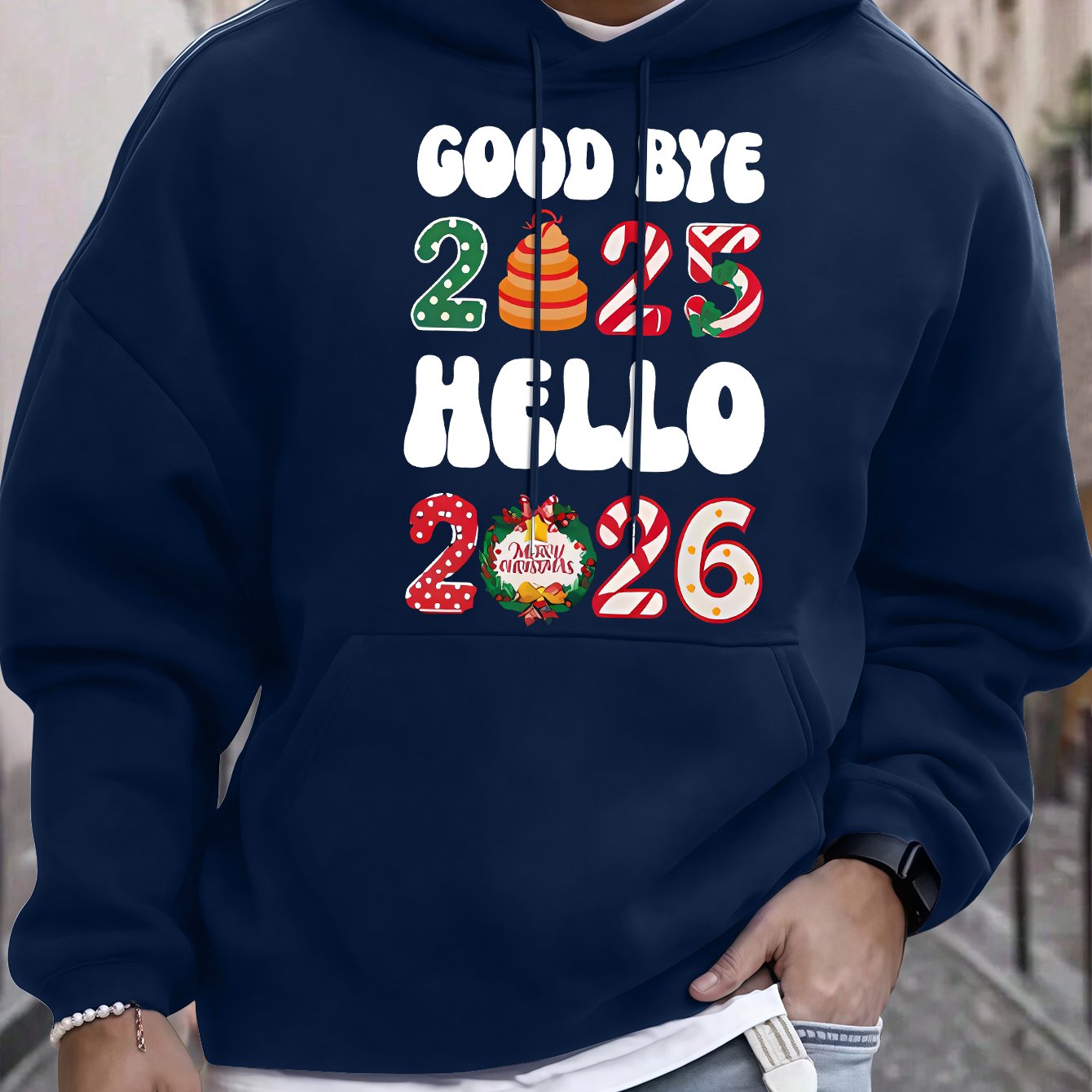 Men'S Casual Hooded Sweatshirt with "Goodbye 2025 Hello 51.46meter Print - Pullover with Colorful Lettering, Regular Fit, Winter Warmth, Casual Wear Hoodie|Casual Style Hoodie|Comfortable Fit Hoodie