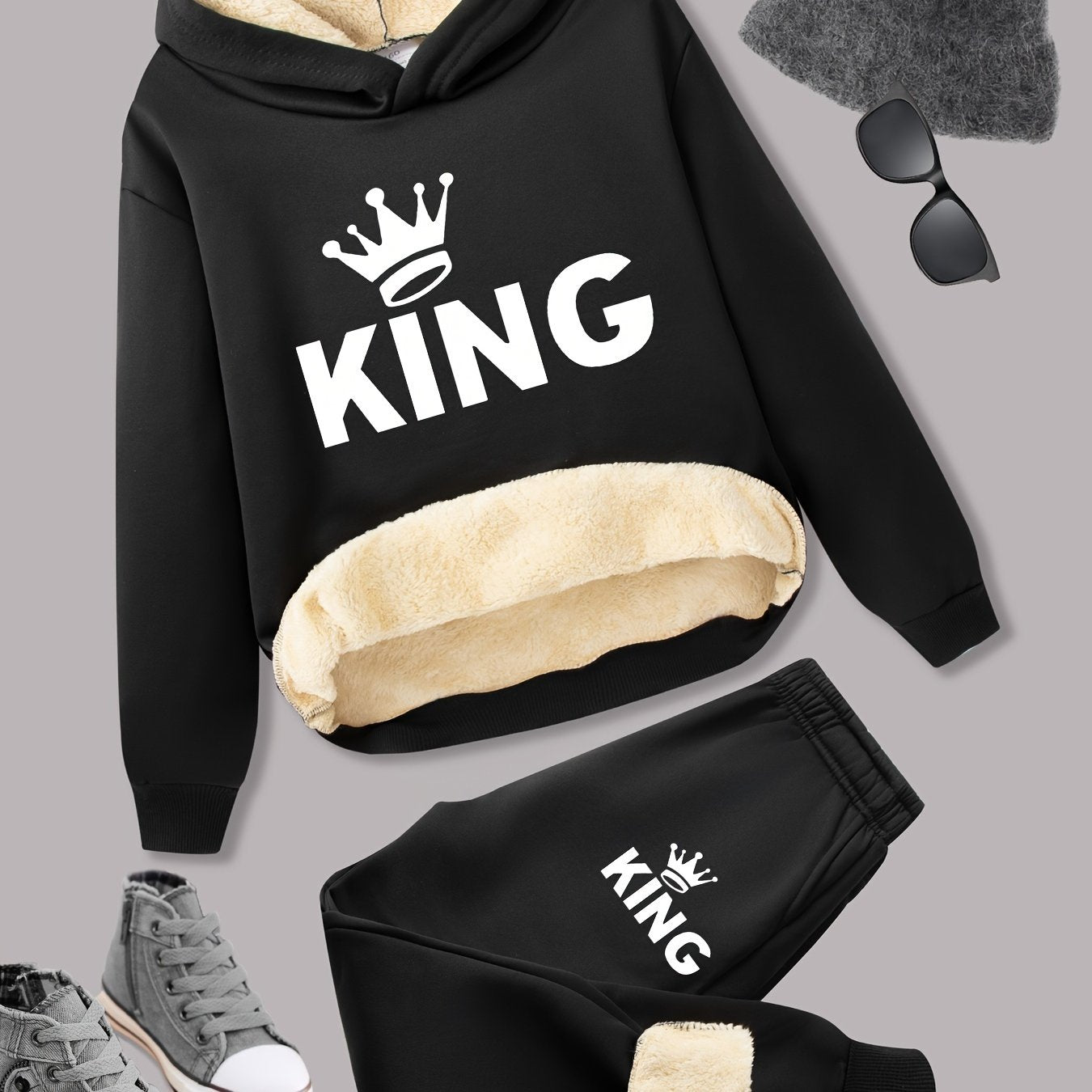 2pcs Boys' Fleece-Lined Thickened Warm Hoodie + Pants Set, Stylish Letter Print Winter Comfortable Sportswear Outfit for Kids Casual Leisurewear, Perfect for, Blanket Hoodie Kids