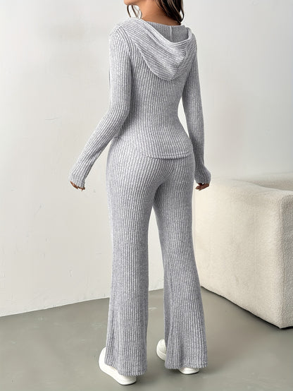 2pcs Women's Solid Color Hooded Zip-up Top and Casual Flared Pants Set - ayq