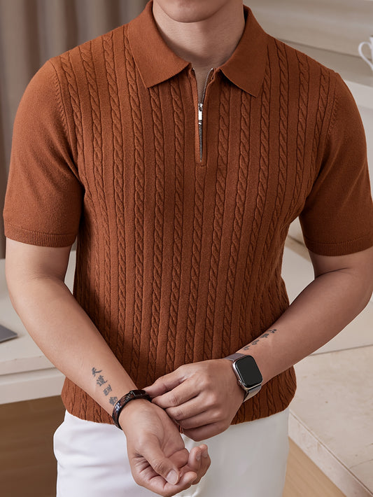 Men's Twisted Flower Knitted Shirt Short Sleeve Ribbed Knitted Shirt Spring and Autumn Lightweight Casual Texture Golf Shirt Collar Sweater Business Commuter Collar Bottom Shirt Top - ayq