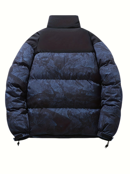 Men's Winter Jacket Windproof Coat with Stand Collar & Camo Marbled Pattern (Black/White/Grey) - Thickened Padded, Full-Zip Closure, for Skiing,, Outdoor Activities - Cold Weather Survival