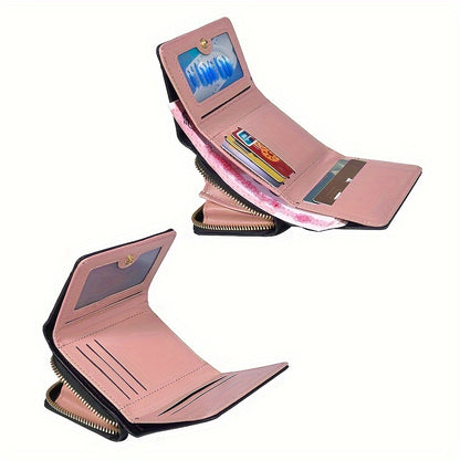 2024 New Women'S Short Wallet, Korean Style Zippered Coin Purse, Simple Design, Tri-Fold Multifunctional Faux Leather Card Holder.