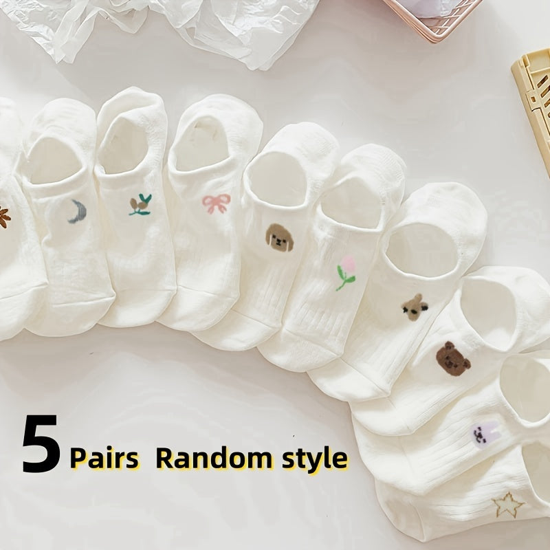 10pcs Cute Animal & Floral No-Show Socks for Women - Breathable, Soft Polyester Blend, Invisible Boat Socks with Non-Slip Heel, Perfect for Spring & Summer, Cute Socks