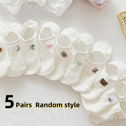 10pcs Cute Animal & Floral No-Show Socks for Women - Breathable, Soft Polyester Blend, Invisible Boat Socks with Non-Slip Heel, Perfect for Spring & Summer, Cute Socks