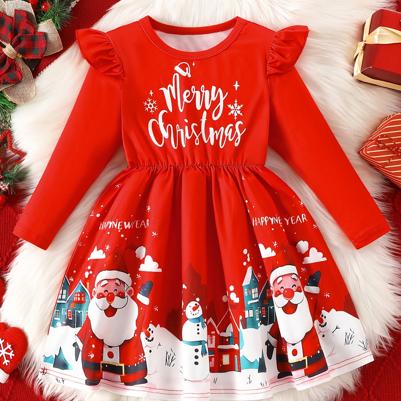 Girls' Christmas Party Dress - Long Sleeve Ruffled Hem Mid-Length Red Dress with Merry Christmas Print, Snowflakes & Santa Hats - Casual Holiday Outfit for Autumn & Winter Festive Celebrations, Durable Construction, Quality S