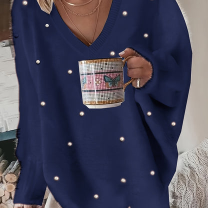 Մեծ չափս - Կանացի հարմարավետ դեղին V-ձև օձիքով սվիտեր՝ մարգարիտ կոճակներով և բրդյա եզրերով թևքերով - Ասիմետրիկ եզր, երկրաչափական նախշ, առօրյա ձմեռային սվիտեր առօրյա հագուստի համար, Ձմեռային հագուստ | V-ձև օձիքով սվիտեր | Մարգարիտ կոճակների մանրամասներ, Sw