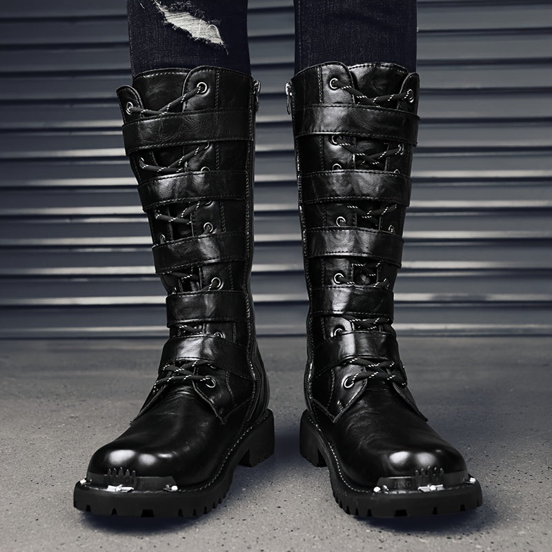 Men's Stylish PU Leather Boots with Zipper and Buckle