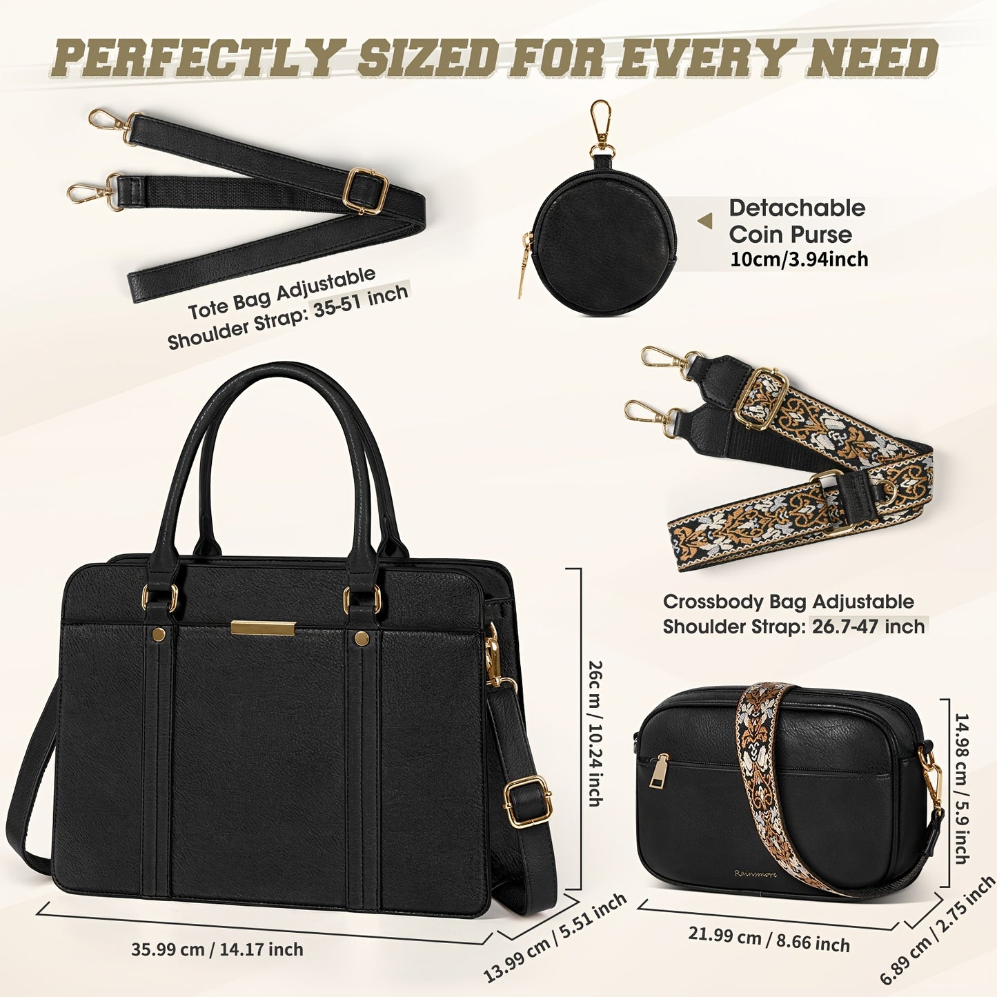 Women's Elegant 3-Piece PU Handbag & Wallet Set with Adjustable Strap