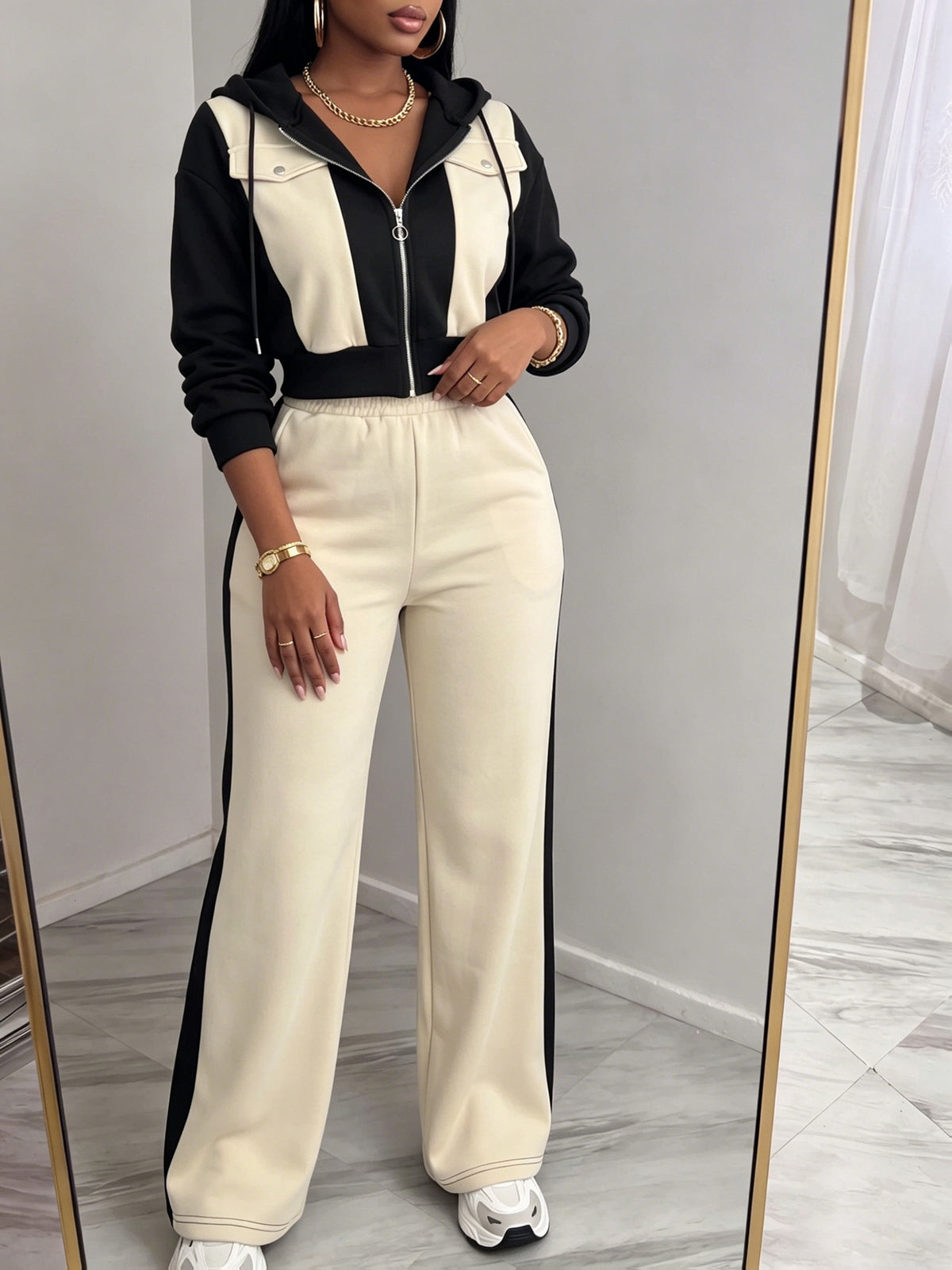 Casual Color-Block Hoodie & Straight-Leg Pants Set for Fall/Winter - ayq