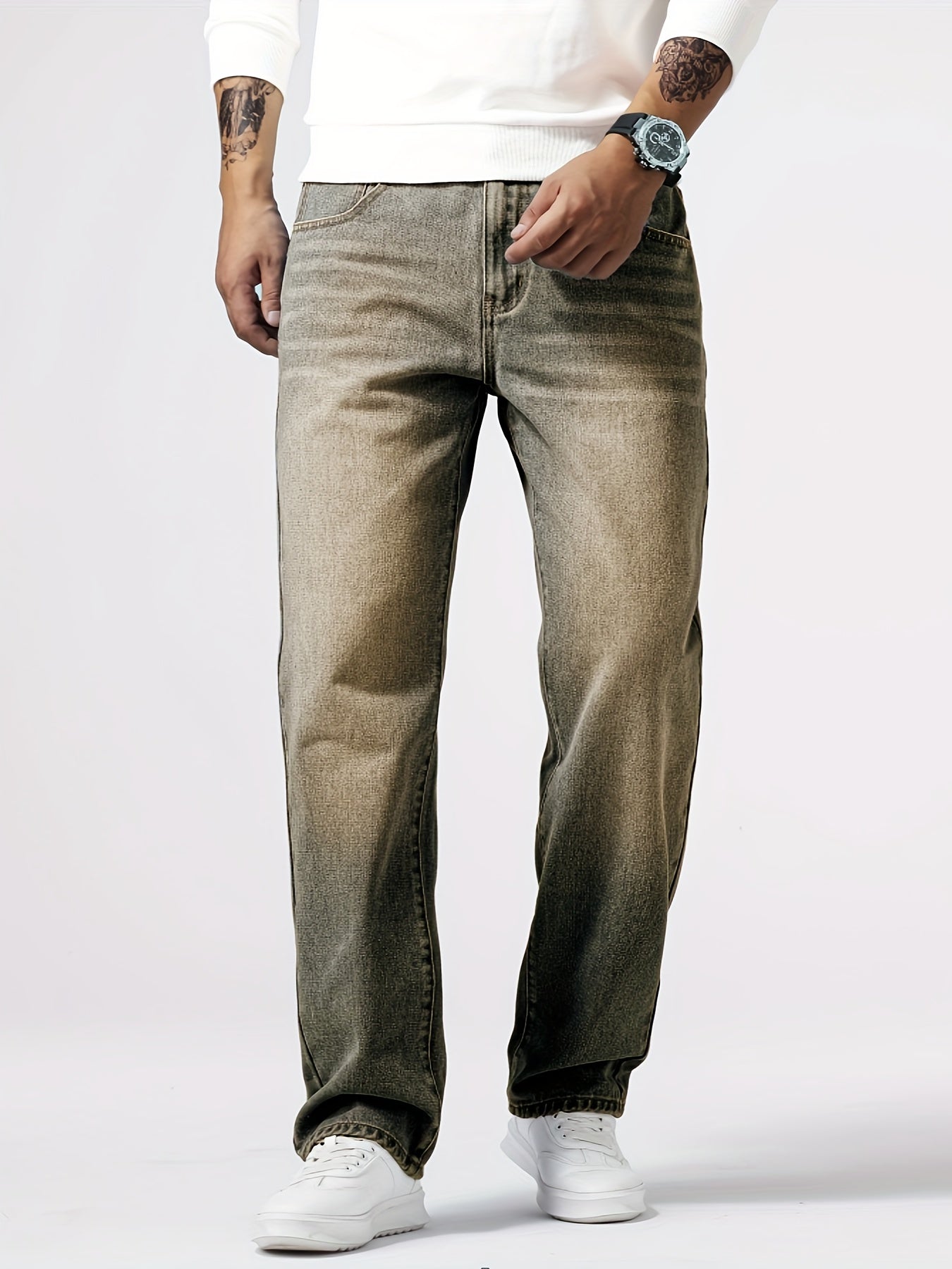 Loose Fit Straight Leg Jeans, Men's Casual Street Style Distressed Denim Pants For All Seasons