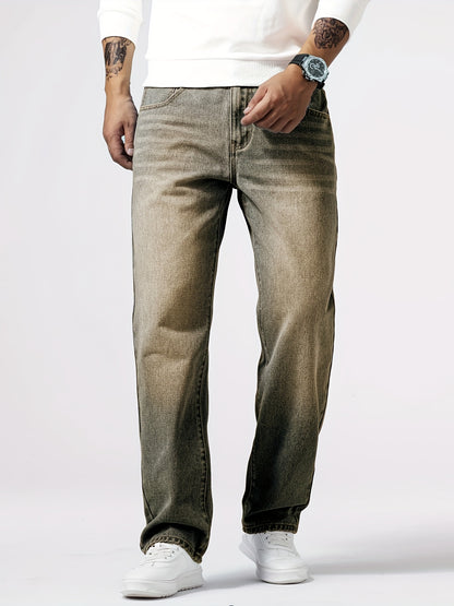 Loose Fit Straight Leg Jeans, Men's Casual Street Style Distressed Denim Pants For All Seasons