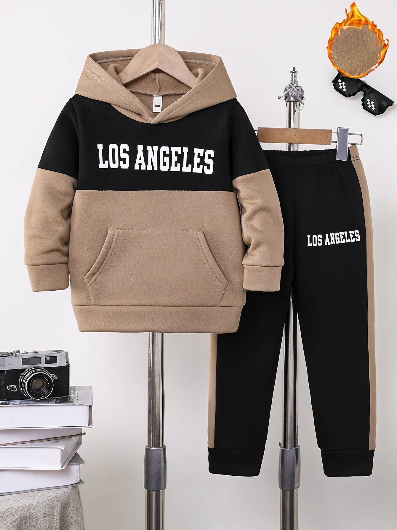 2pcs Boys' Autumn/Winter Fleece-Lined Hooded Sweatshirt and Pants Set, Simple Letter Print Fashion Classic Outfit for Outdoor Sports and Casual Wear, 100% Polyester Knit Stretch Fabric, Ideal Gift Choice for Kids, Perfect for