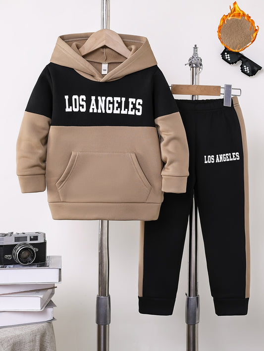 2pcs Boys' Autumn/Winter Fleece-Lined Hooded Sweatshirt and Pants Set, Simple Letter Print Fashion Classic Outfit for Outdoor Sports and Casual Wear, 100% Polyester Knit Stretch Fabric, Ideal Gift Choice for Kids, Perfect for