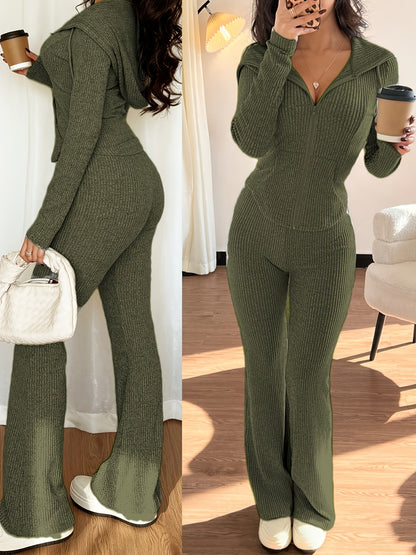 Women's Casual Two-Piece Set with Pockets Hooded Zip-Up Waist Jacket and Ribbed Flared Pants - ayq