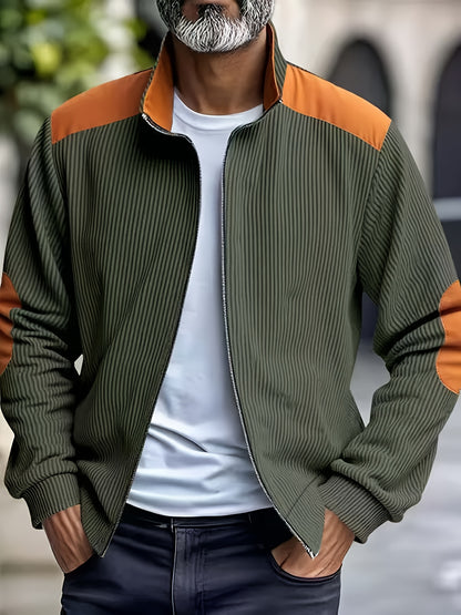 Men'S Long Sleeve Patchwork Fashion Warm Jacket, Corduroy Long Sleeve Warm Coat with Zipper Stand Collar Long Sleeve Casual Comfortable Autumn and Winter Style