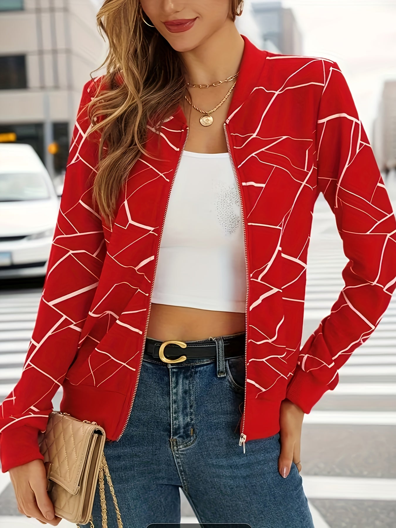 Women's Elegant Black & White Geometric Print Full-Zip Jacket - Casual to Formal Outerwear, Machine Washable Long Sleeve Coat with Full-Zip Front, Relaxed Fit Tapered Hem & Structured Collar for Spring Summer Fall, Casual to