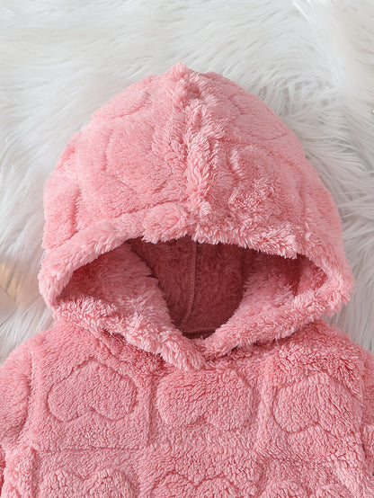 Հարմարավետ բրդյա գլխարկով սվիտերի և տաբատի հավաքածու - տաք ձմեռային հանդերձանք սրտաձև նախշերով, երկար թևքով սվիտեր և համապատասխան տաբատ, իդեալական է բացօթյա խաղերի համար, առօրյա ոճ, սովորական չափս, ձմեռային հագուստ, խաղային դիզայն, փափուկ հյուսվածք