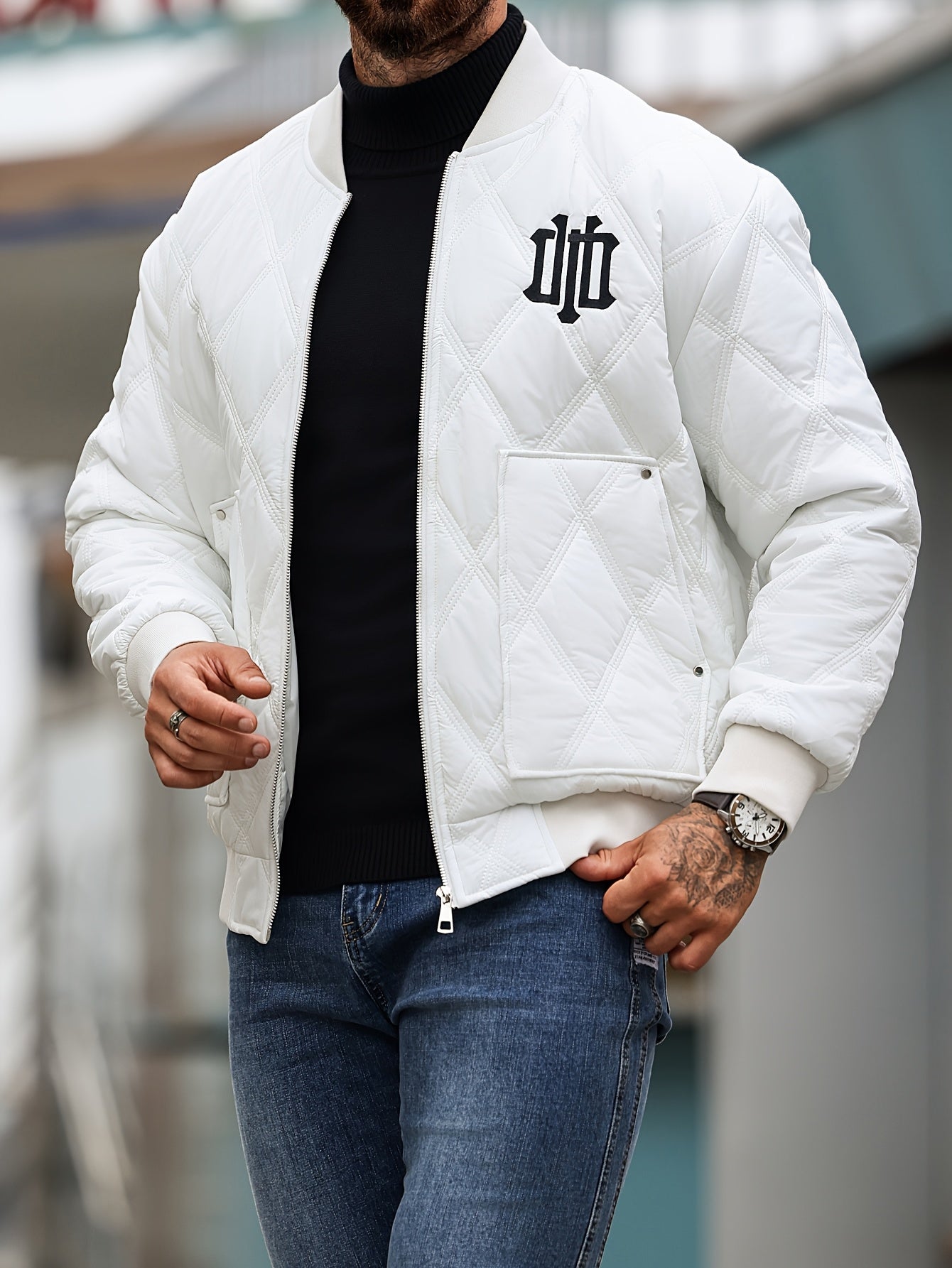 Men's Heavy-Duty Winter Jacket with Thick & Windproof, White Coat with Black Logo & Lettering, Large Zippered Pocket, Machine Washable - Casual Outerwear for Skiing, Travel, Streetwear (Regular Fit), Winter Jacket For Men, Me