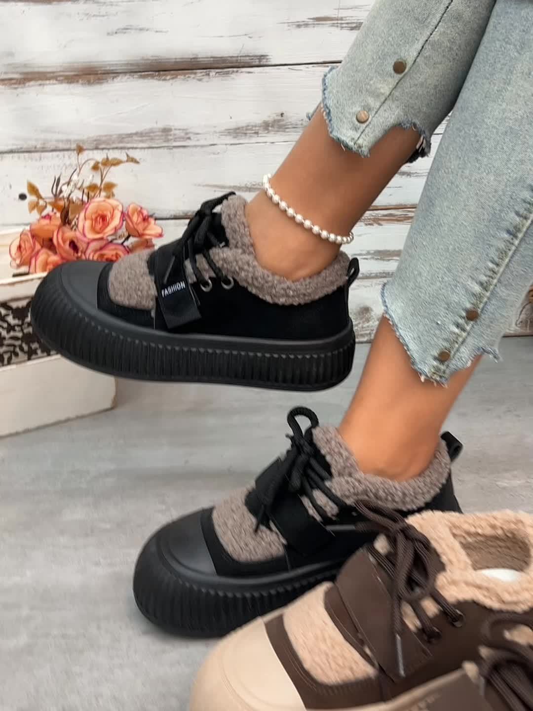 Women's Winter Plush Fleece-Lined Thermal Shoes - Upper & Rubber Sole Low-Top Ankle Boots with Faux Fur Collar, Brown/Beige/ Traction Tread for Cold Weather, Casual & Semi-Formal Outfits - Cozy Warm Winter Boots with Fleece L