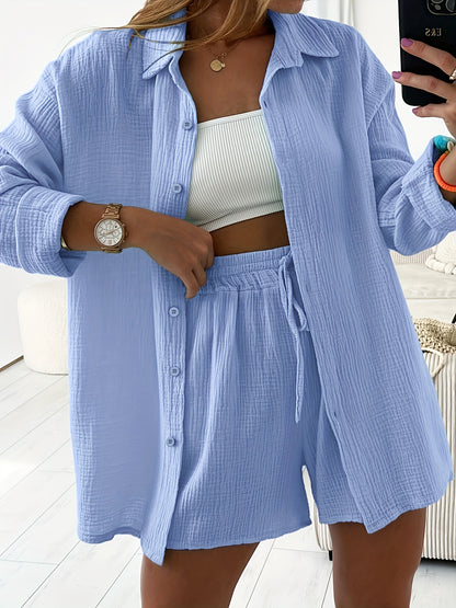 Women's Cotton Cardigan & Shorts Set Casual Long Sleeve