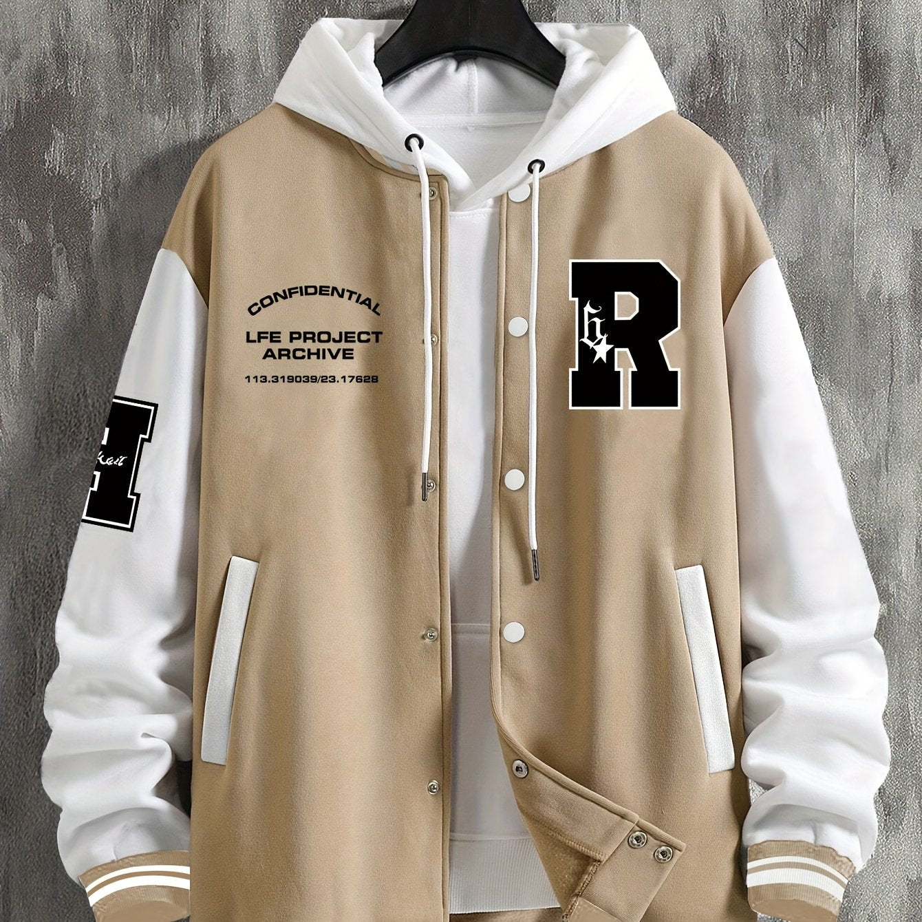 Men's Fashionable R-Letter Patchwork Casual Street Style Baseball Jacket - Polyester, Maroon & Black with White Stripes, Button Closure, with Pockets