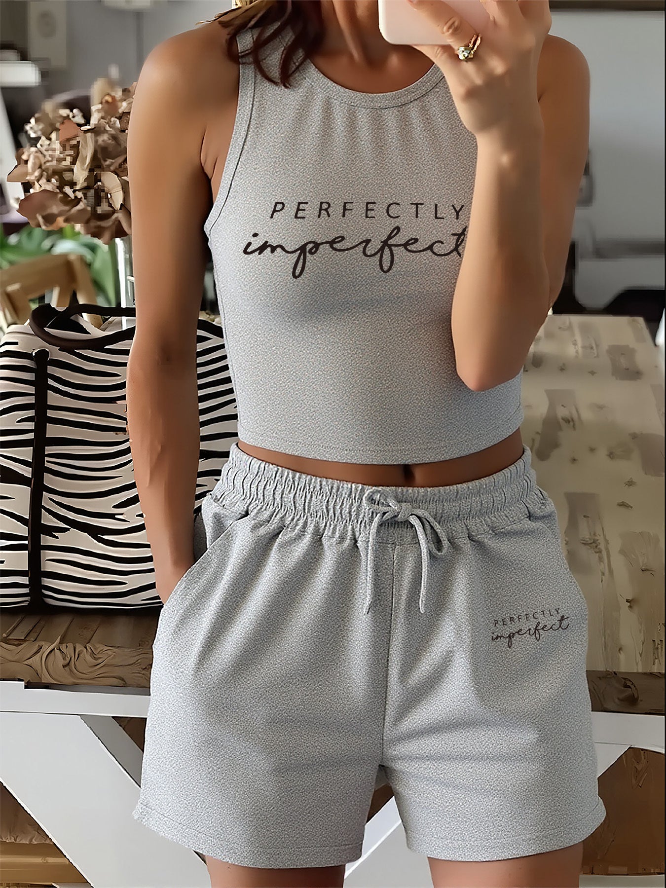 Women's Casual Vest and Shorts Set with Drawstring and Pockets
