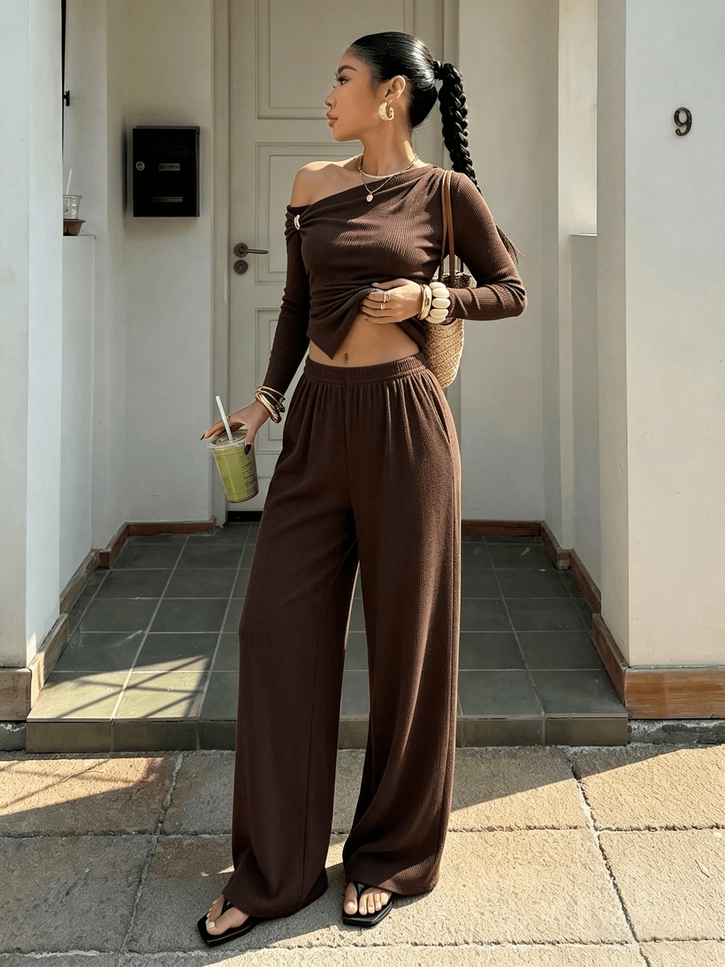Women's Elegant Off-Shoulder Top & High-Waist Wide-Leg Pants Set