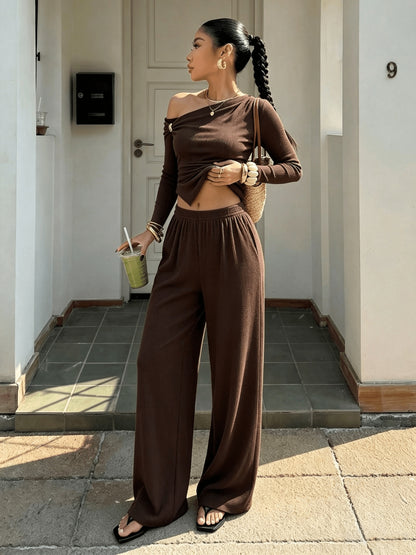 Women's Elegant Off-Shoulder Top & High-Waist Wide-Leg Pants Set