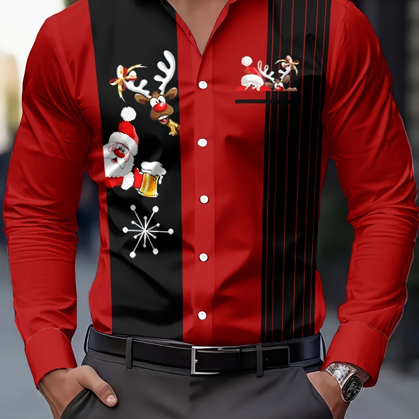 Men'S Christmas Long Sleeve Shirt - Red & Holiday Party Shirt with Santa Claus, Reindeer & Snowflakes, Button-Up Collar, Non-Stretch Fabric for Christmas, Halloween, New Year