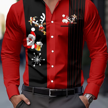 Men'S Christmas Long Sleeve Shirt - Red & Holiday Party Shirt with Santa Claus, Reindeer & Snowflakes, Button-Up Collar, Non-Stretch Fabric for Christmas, Halloween, New Year