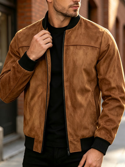 Men's Casual Full-Zip Bomber Jacket with Ribbed Cuffs for Fall/Winter