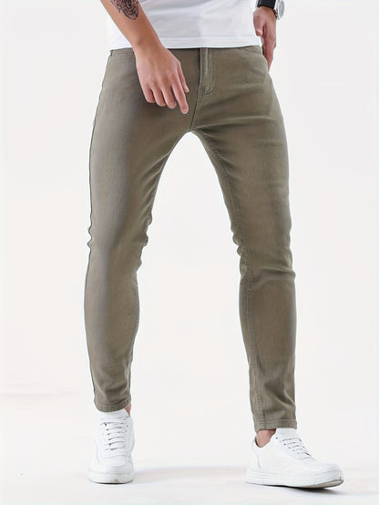 Slim Fit Chic Jeans, Men's Casual Street Style All Match Stretch Denim Pants With Pockets